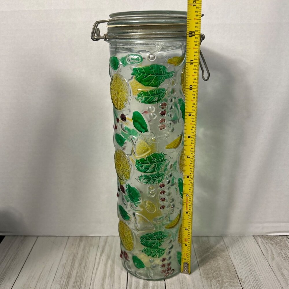 Vintage Canister Jar Storage Glass Fruit Embossed Wire Bale Lid - Set Of 3 - Picture 5 of 10